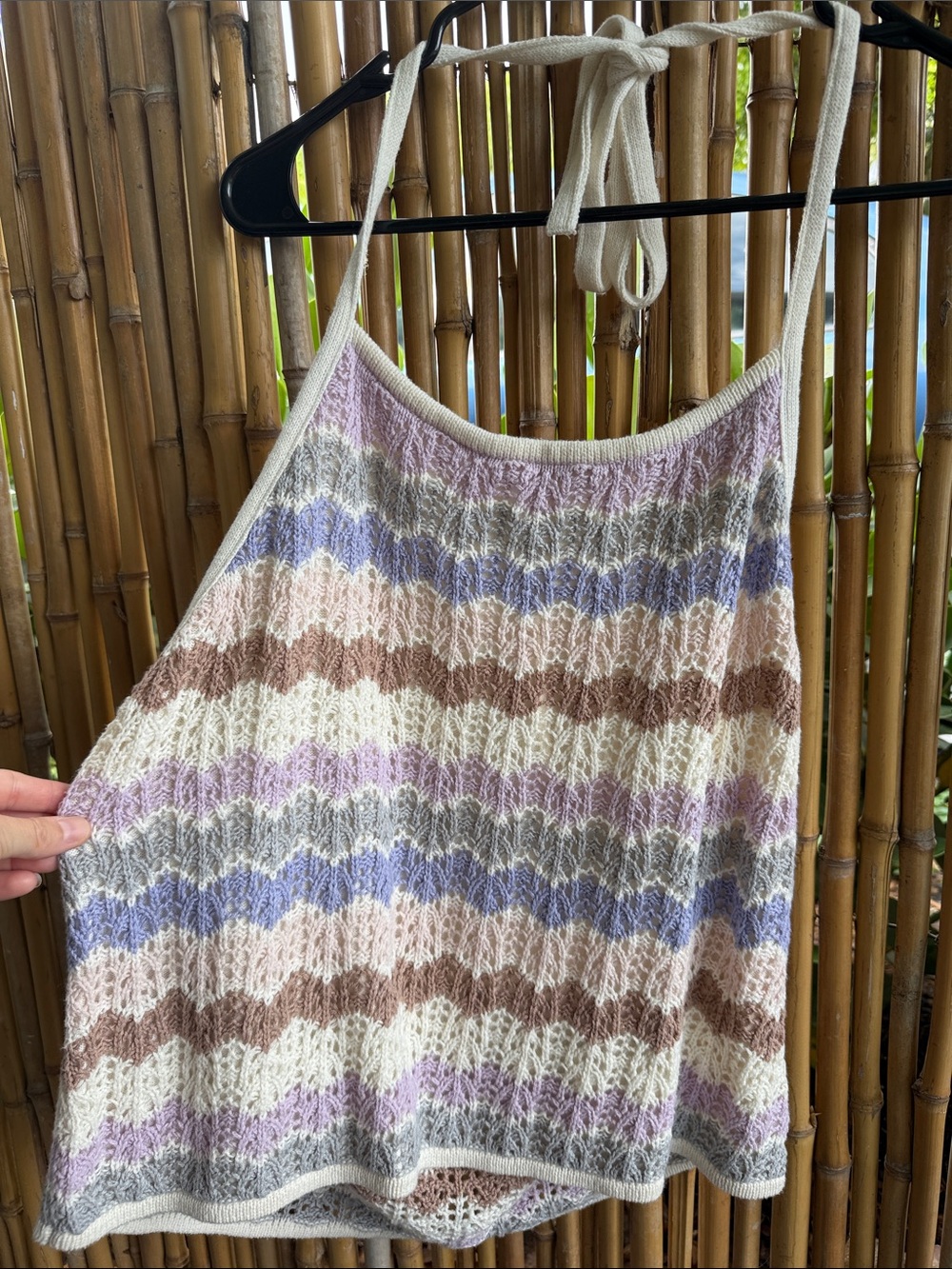 Knit Striped Halter Tank Top in Cream, Lavender, Blue and Brown